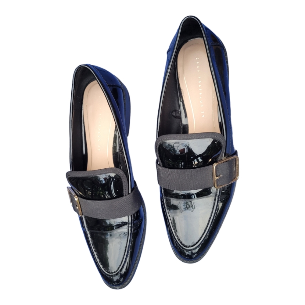 ZARA TRAFALUC Black Patent Buckle Slip On Loafers.